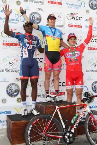 The 2012 Dana Point Grand Prix podium: (l-R): Justin Williams (Cash Call Mortgage), Brad Huff (Jelly Belly) and Ben Swedberg (California Giant).