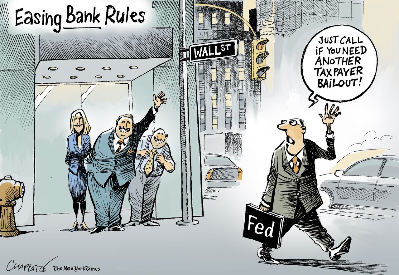 Political cartoon U.S. Wall street economy Federal Reserve bailout