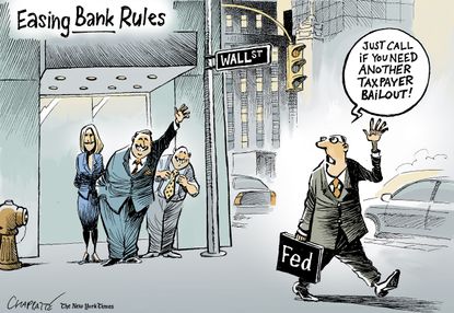 Political cartoon U.S. Wall street economy Federal Reserve bailout