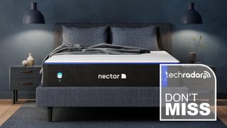 A Nectar memory foam mattress in a bedroom, a TechRadar deal graphic next to it