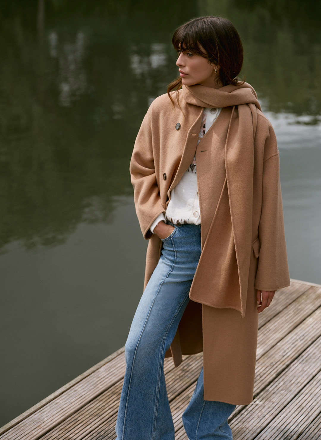 Tan Wool Blend Hand Finished Scarf Coat