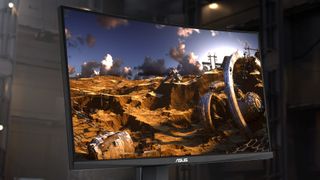 A cheap 4K monitor showing an image of a sci-fi landscape