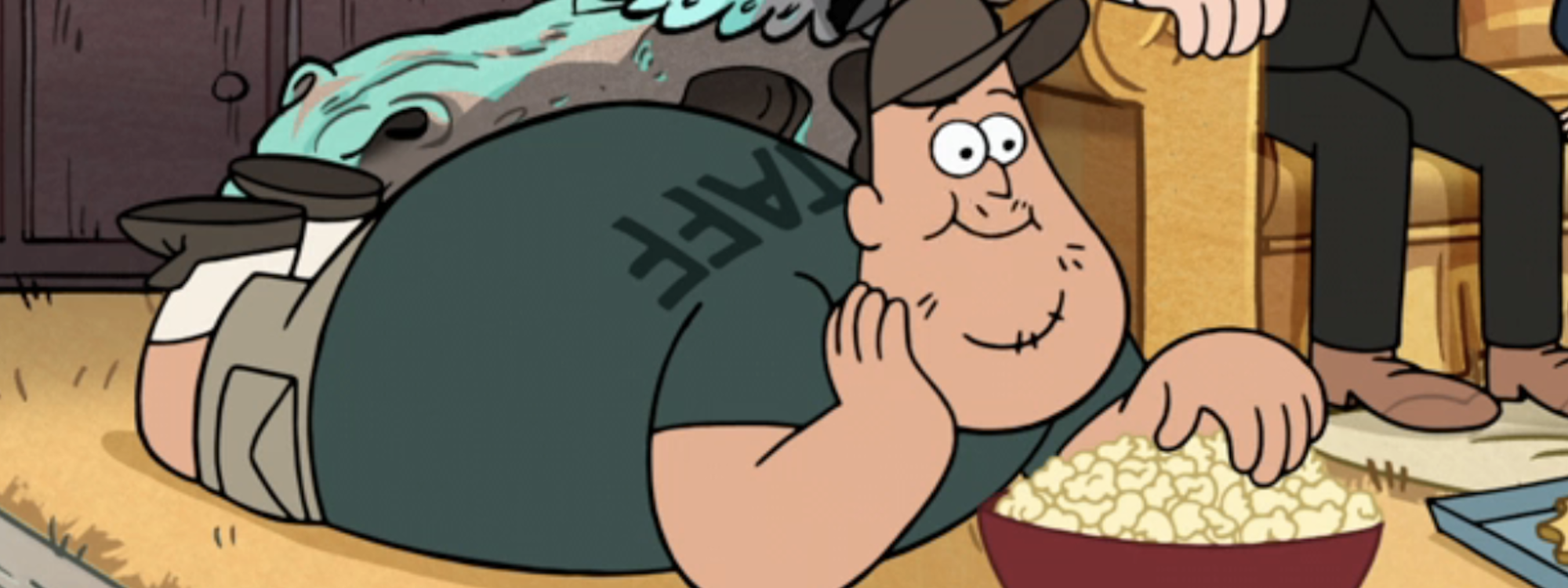 Soon lying on ground eating popcorn in Gravity Falls