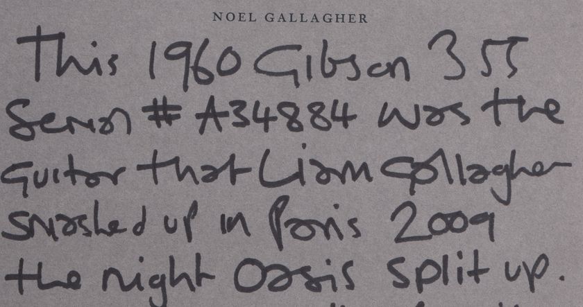 Handwritten note about the guitar that Liam Gallagher smashed up in Paris