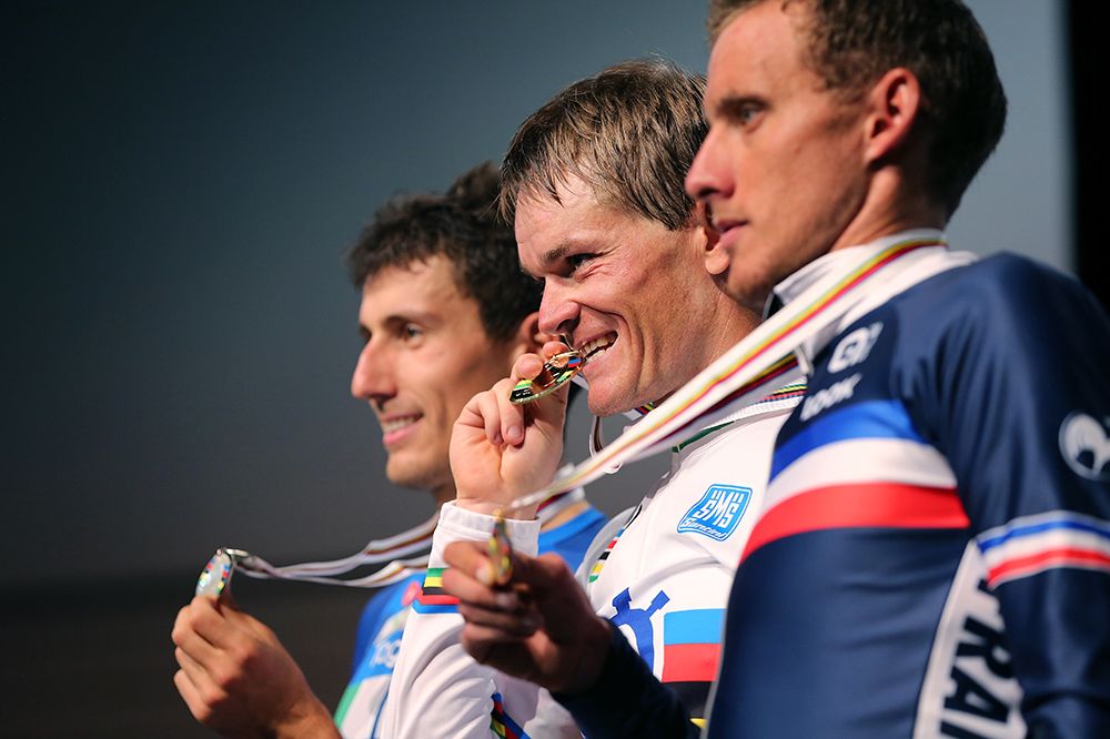 The 2015 podium of Adriano Malori (Italy), Vasil Kiryienka (Belarus) and Jerome Coppel (France)