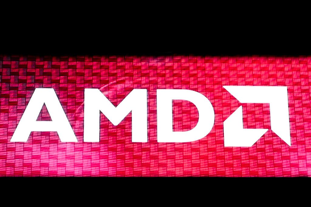 AMD logo on a red background exhibited at Mobile World Congress