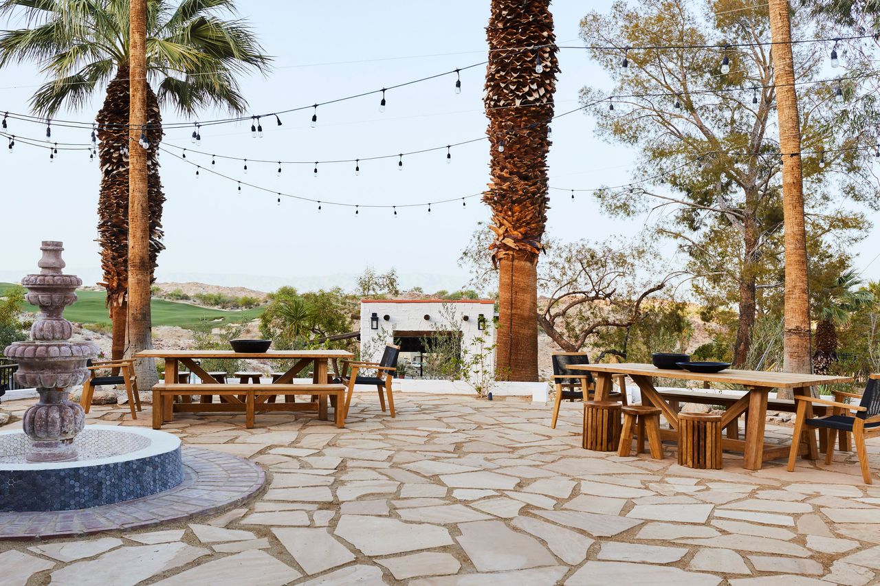 an outdoor space with crazy paving floor