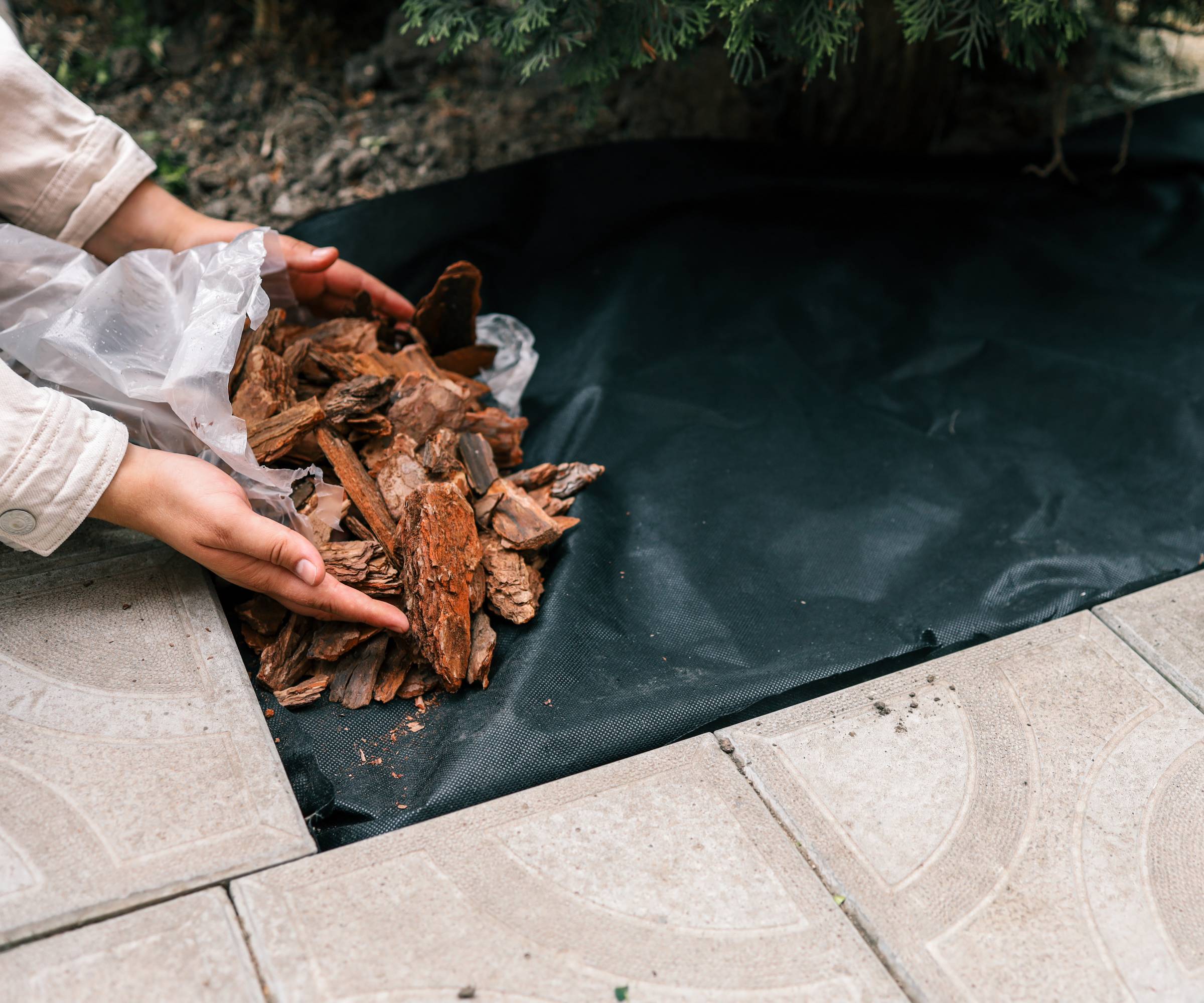 Hands placing mulch over landscape fabric