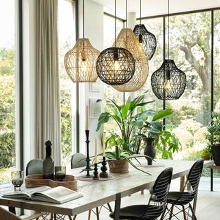 Industville Coastal Rattan Ceiling Pendant Lights in a light and airy dining room