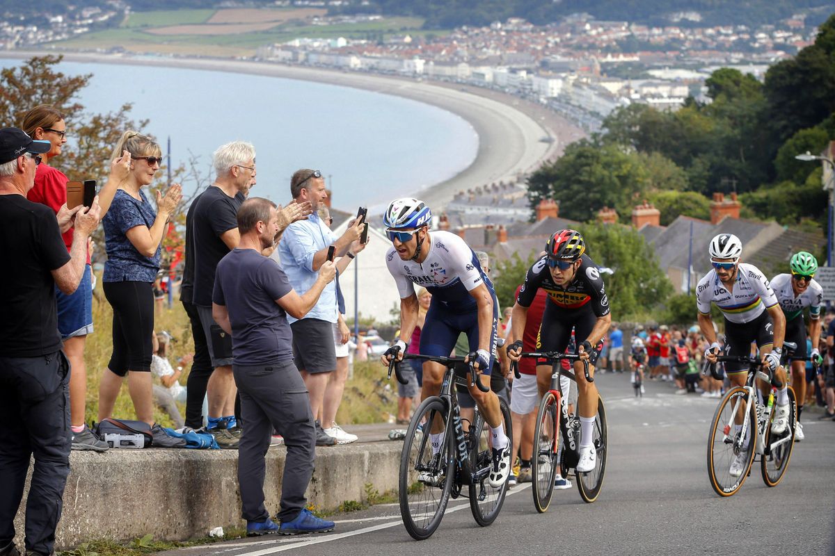 Tour of Britain 2021 - 17th Edition - 4th stage Aberaeron - Great Orme - Llandudno 210 km - 08/09/2021 - Michael Woods (NZL - Israel Start-Up Nation) - Wout Van Aert (BEL - Jumbo - Visma) - Julian Alaphilippe (FRA - Deceuninck - Quick-Step) - photo Alex Whitehead/SWPix/CV/BettiniPhotoÂ©2021 