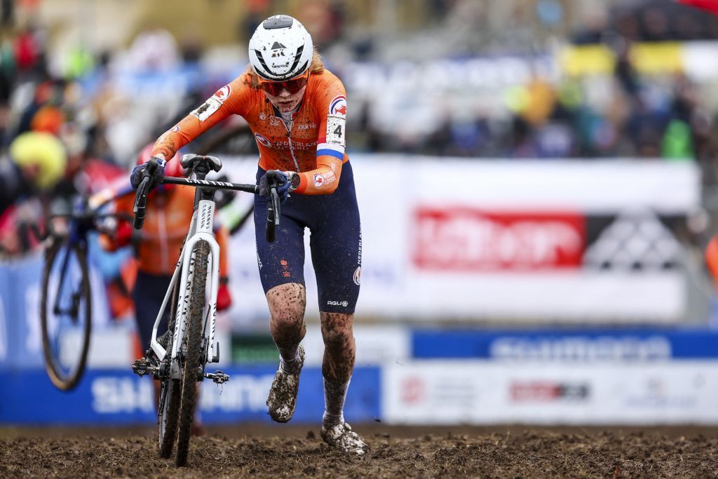 Dutch Puck Pieterse pictured in action during the Elite women race event of the Cyclocross World Championships on Saturday 03 February 2024 in Tabor, Czech Republic. BELGA PHOTO DAVID PINTENS (Photo by DAVID PINTENS / BELGA MAG / Belga via AFP)