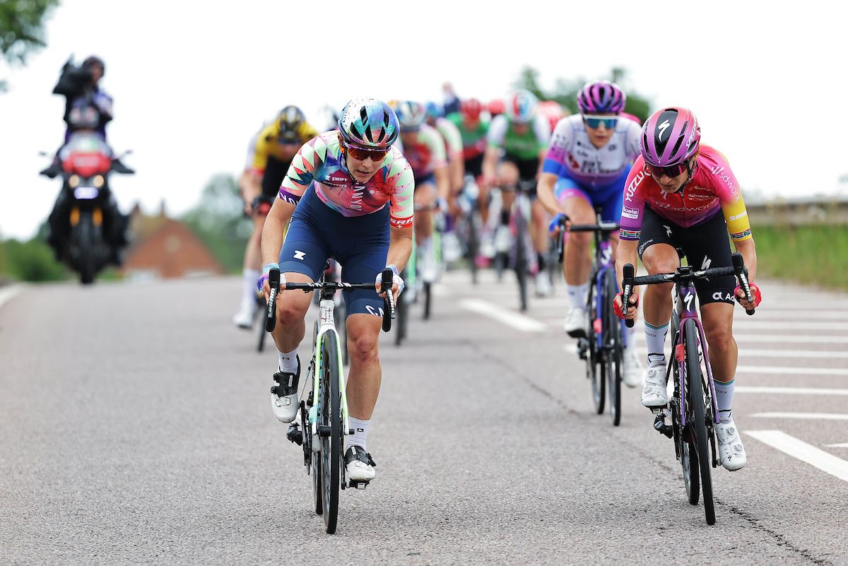 Picture by Alex Whitehead/SWpix.com - 08/06/2022 - Cycling - The Women&acirc;s Tour 2022 - Stage Three - Tewkesbury to Gloucester, England - Elise Chabbey of Team Canyon SRAM Racing and Ashleigh Moolman Pasio of Team SD Worx