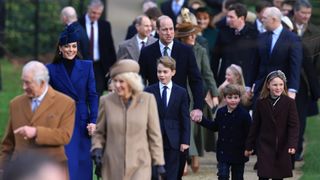 SANDRINGHAM, NORFOLK - DECEMBER 25: (L-R) King Charles III, Catherine, Princess of Wales, Queen Camilla, Prince George, Prince William, Prince of Wales, Prince Louis and Mia Tindall attend the Christmas Morning Service at Sandringham Church on December 25, 2023 in Sandringham, Norfolk.