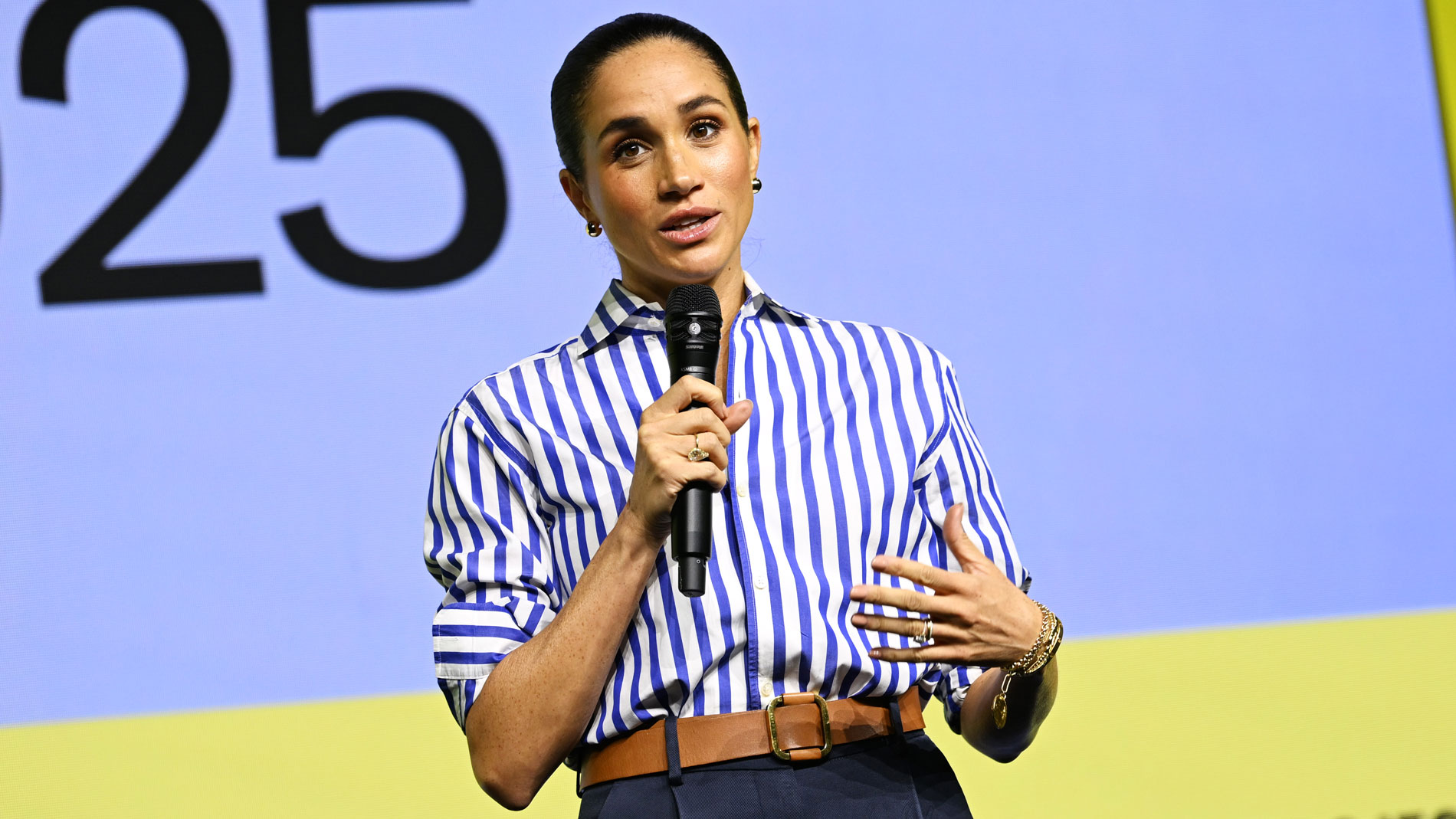 Meghan Markle wears a blue striped shirt in October 2025