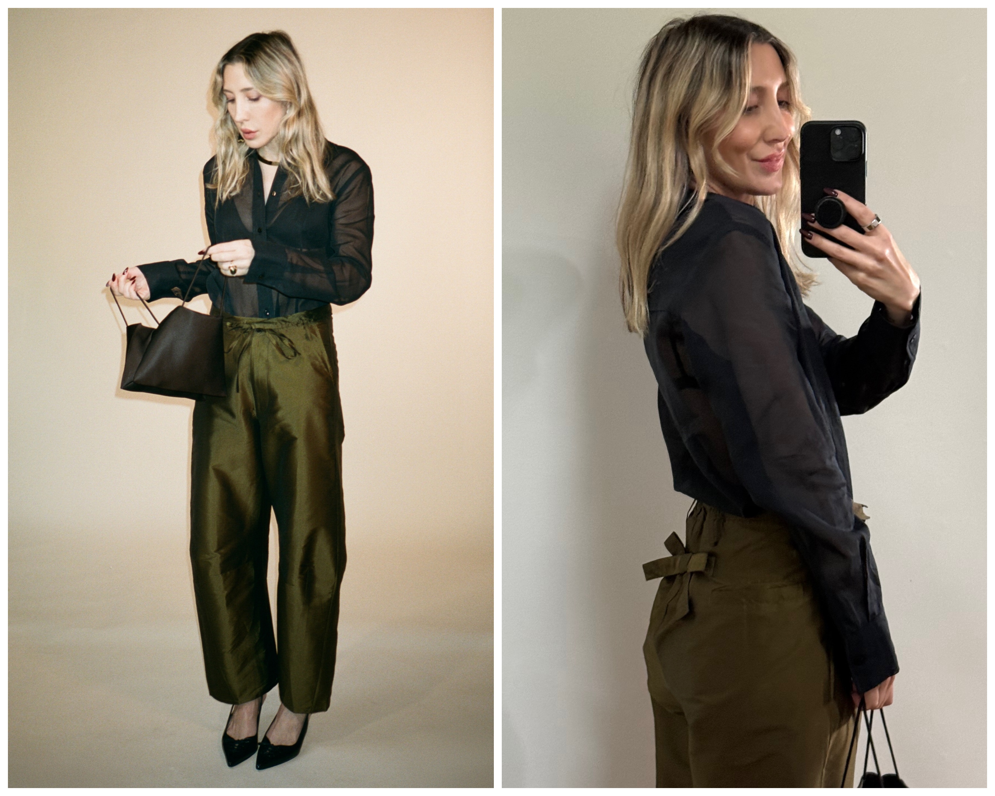 Angela Fink wearing a black top, green pants, and heels