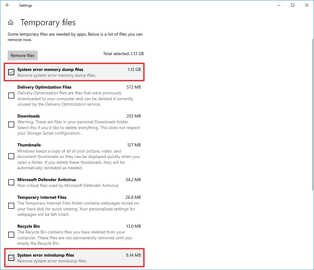 Windows 10 delete System Error Memory Dump Files with Settings