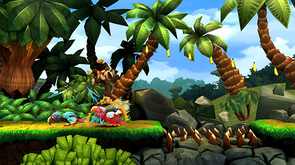 A screenshot from the jungle level in Donkey Kong Country Returns HD