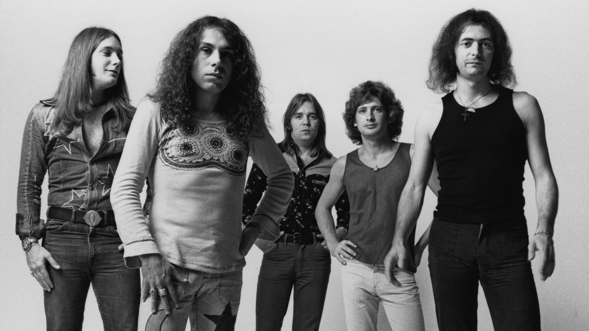 British rock group Rainbow, Los Angeles, California, June 1975. Left to right: bassist Craig Gruber (1951 - 2015), singer Ronnie James Dio (1942 - 2010), drummer Gary Driscoll (1946 - 1987), keyboard player Mickey Lee Soule and guitarist and songwriter Ritchie Blackmore.