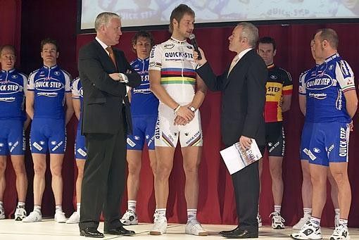 Tom Boonen is interviewed by the MC.