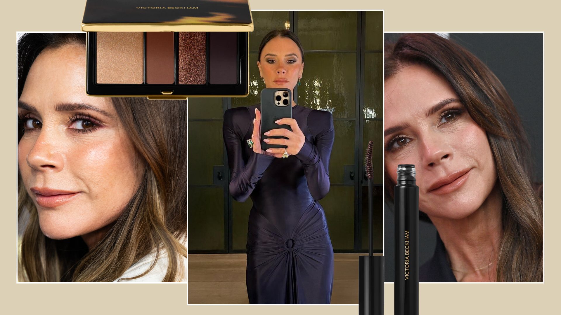 A collage of Victoria Beckham makeup looks