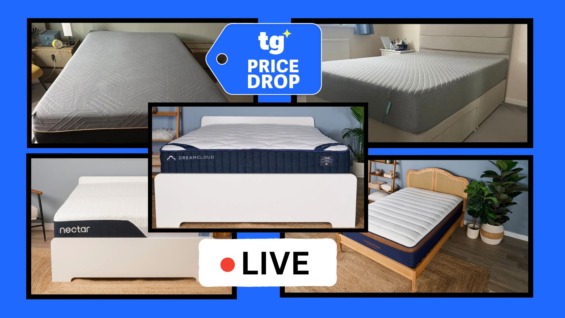 A collage of the best value mattresses in a box. In the top foreground, there is a price drop deals badge and in the bottom foreground there is a LIVE badge.