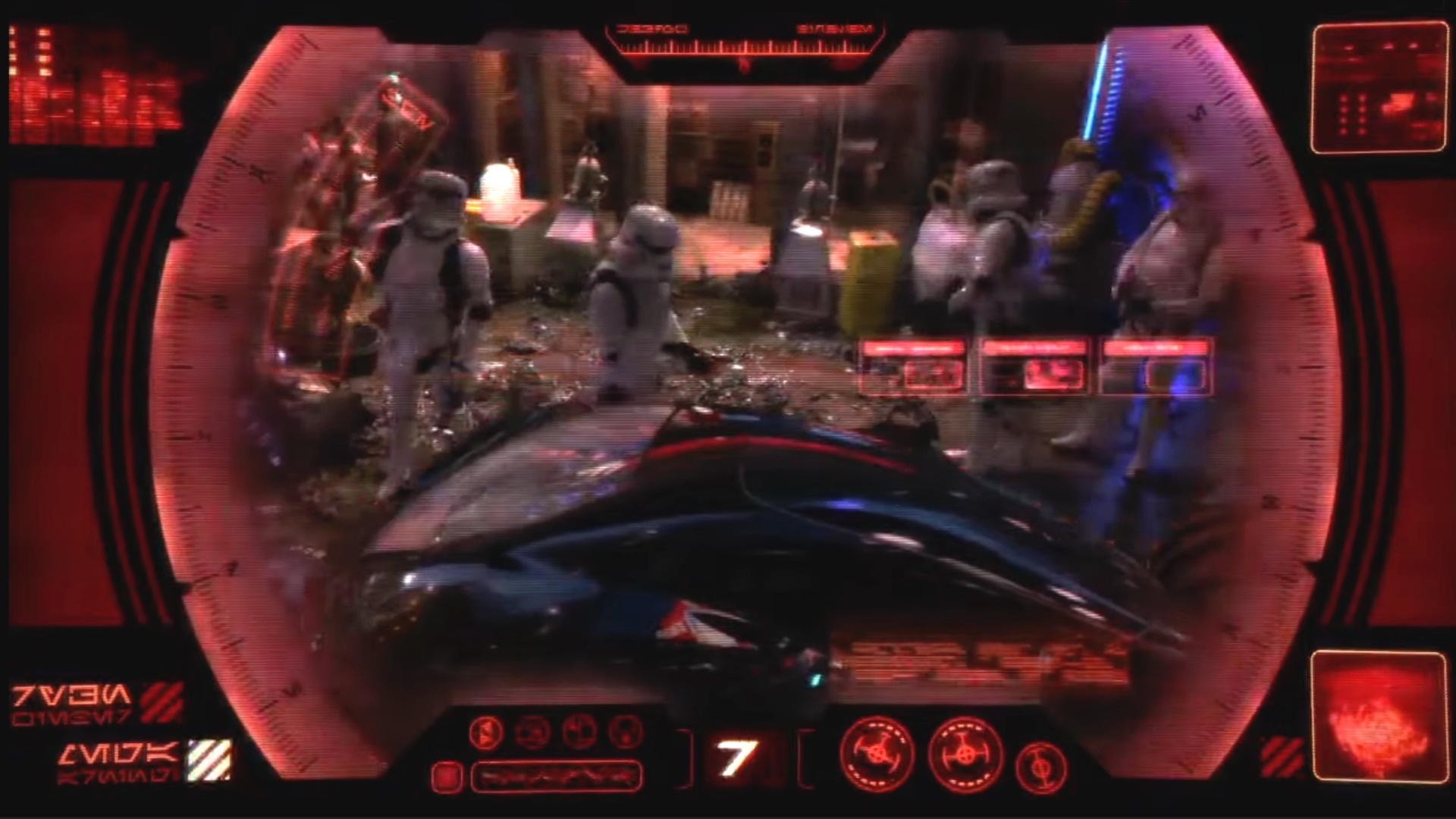 Star Wars: Underworld test footage showing several Imperial Stormtroopers investigating a scene on a busy sci-fi city street, shown through a sci-fi scope with a red overlay.