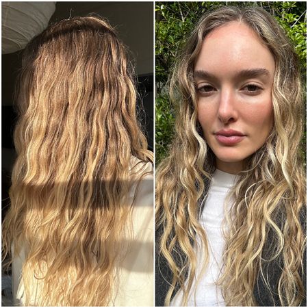 two photos of a blonde woman with wavy hair from the side and front