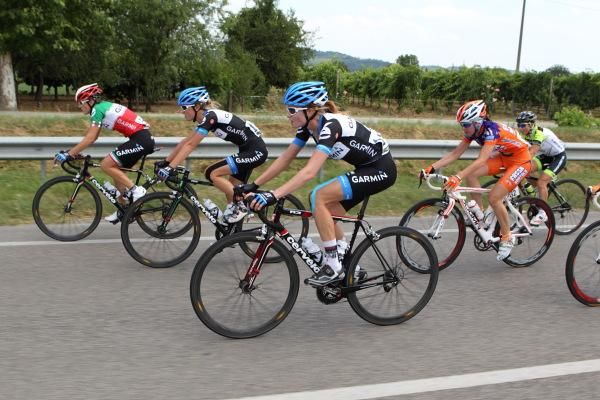 The Garmin-Cervelo women take up the width of the road