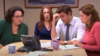 Phyllis, Nellie, Jim and Pam listen in on Dwight's radio interview