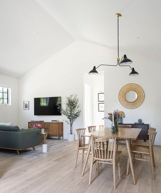 Fresh and bright open plan living space with combined dining area, featuring light wood flooring, white walls, and natural textures.