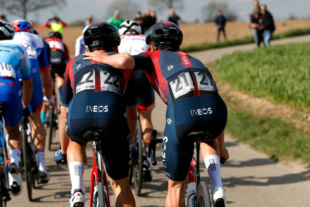 VALKENBURG NETHERLANDS APRIL 10 Detailed view of Michal Kwiatkowski of Poland and Thomas Pidcock of United Kingdom and Team INEOS Grenadiers compete during the 56th Amstel Gold Race 2022 Mens Elite a 2541km one day race from Maastricht to Valkenburg AGR2022 WorldTour on April 10 2022 in Valkenburg Netherlands Photo by Bas CzerwinskiGetty Images
