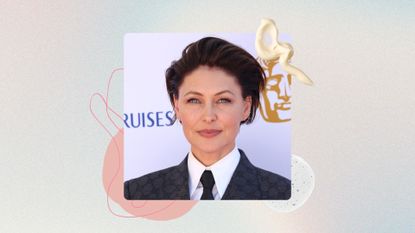 Emma Willis smiling with short brunette pixie with a side parting and wearing a black blazer, white shirt and black tie, on a pastel watercolour background with pink graphics and cream and serum swatches