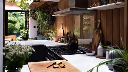 a modern kitchen with timber panelling, stone countertops, loads of plants, big windows leading to outside, cutting boards leaning against the wall