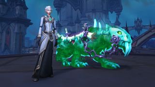 WoW Shadowlands Season 4 - a female blood elf is standing next to a bright green cat-like mount
