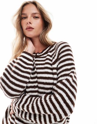 Asos Design Knitted Raglan Cardigan in Chocolate Stripe