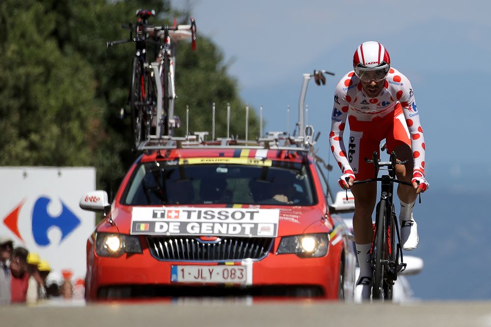 Thomas De Gendt in the polka dot jersey dring stage 13 at the Tour de France.
