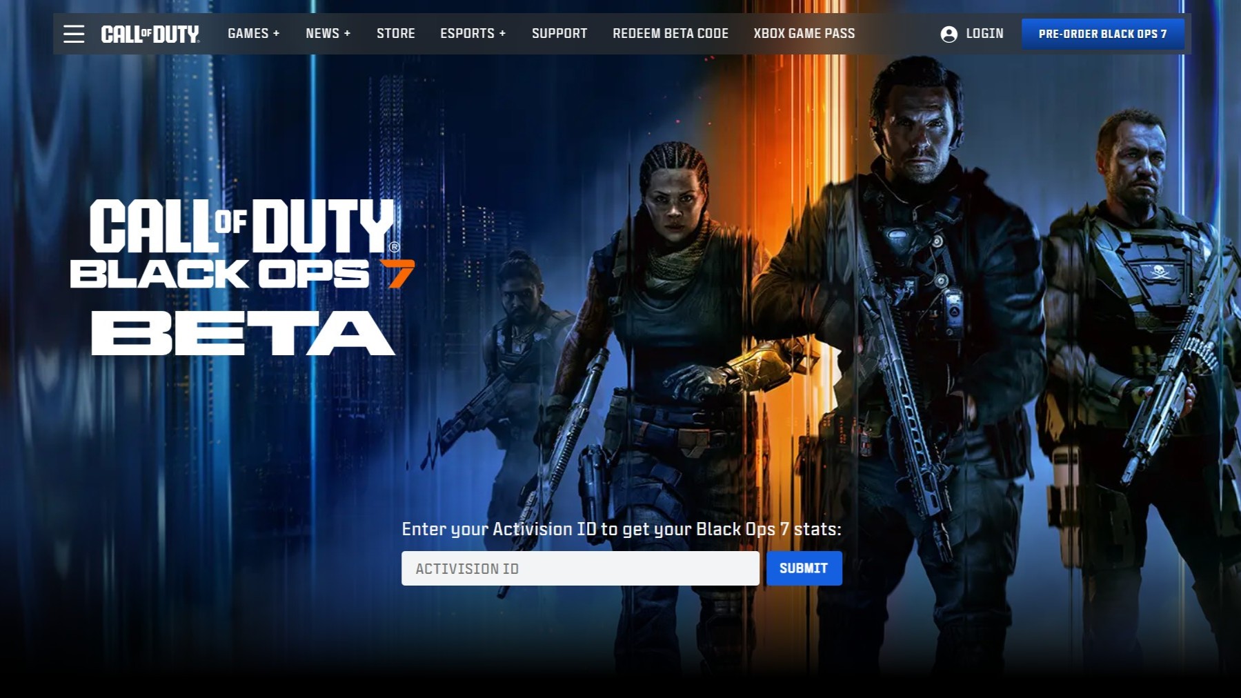 The Call of Duty: Black Ops 7 beta stats website.