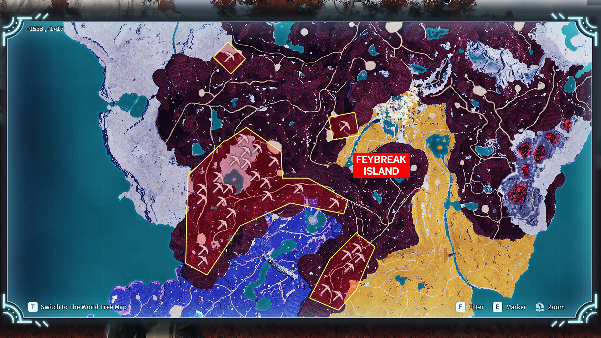 Palworld - A map of Feybreak Island highlighting places to find chromite.