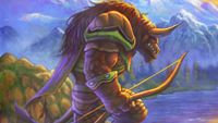 Key art of World of Warcraft: Forever. A tauren holding a bow wearing leather armor looks down from atop a mountain.