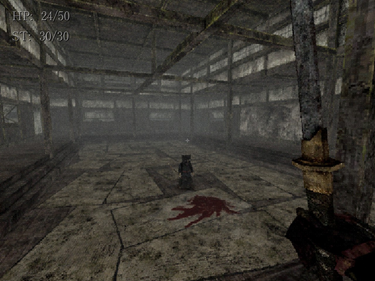 View of training hall with cryptic figure and blood on the ground in Labyrinth of the Demon King.