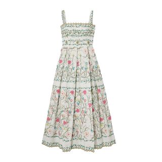 Appliquéd Embroidered Pleated Cotton-Blend Twill Midi Dress