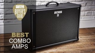 Boss Katana combo amp on a wooden floor in front of a white brick wall 