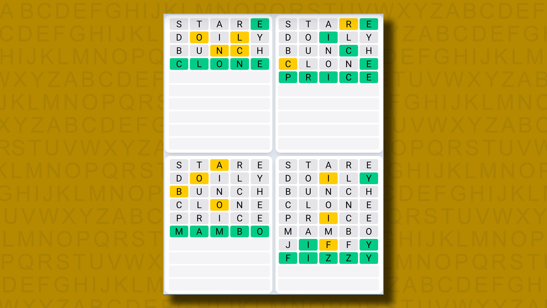 Quordle Daily Sequence answers for game 833 on a yellow background