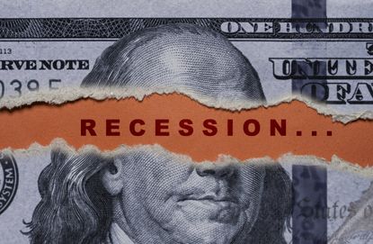 us dollar banknote is torn in half with recession wording on red background for United of America risk of great economic depression crisis concept