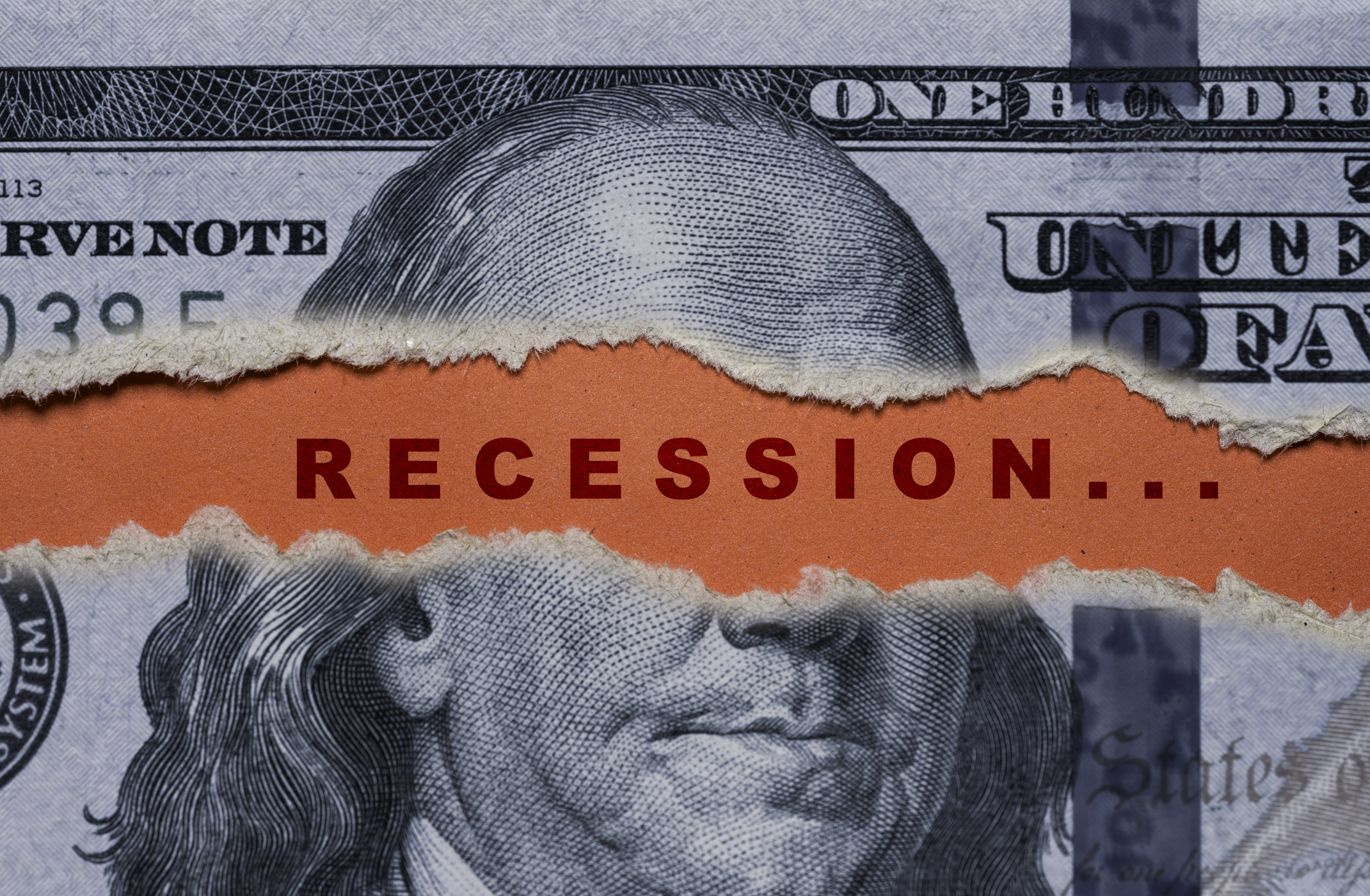 us dollar banknote is torn in half with recession wording on red background for United of America risk of great economic depression crisis concept