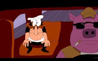 A screenshot of Pizza Tower where Peppino is in the back of a car driven by a pig.