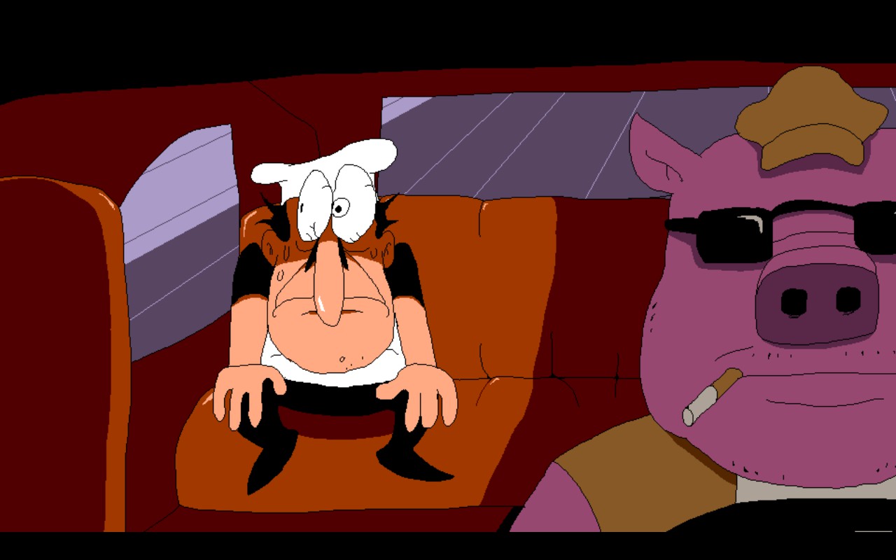 Une capture d'écran de Pizza Tower où Peppino est à l'arrière d'une voiture conduite par un cochon.