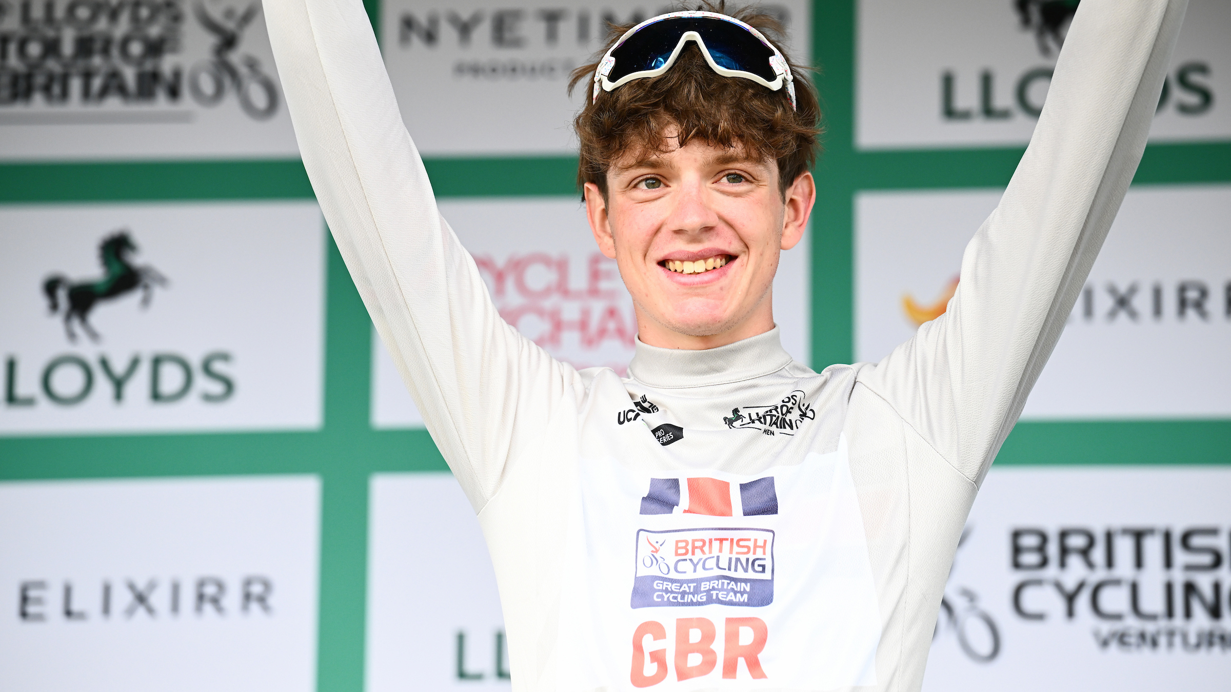 White-jersey winner Elliot Rowe on the podium at the Tour of Britain