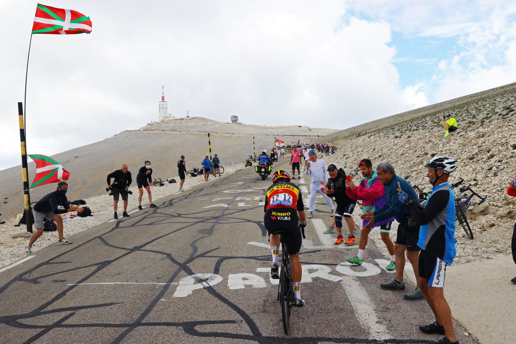 MALAUCENE, FRANCE - JULY 07: Wout Van Aert of Belgium and Team Jumbo-Visma during the 108th Tour de France 2021, Stage 11 a 198,9km km stage from Sorgues to Malaucène / @LeTour / Mont Ventoux (1910m) / Public / Fans / Landscape / #TDF2021 / on July 07, 2021 in Malaucene, France. (Photo by Tim de Waele/Getty Images)