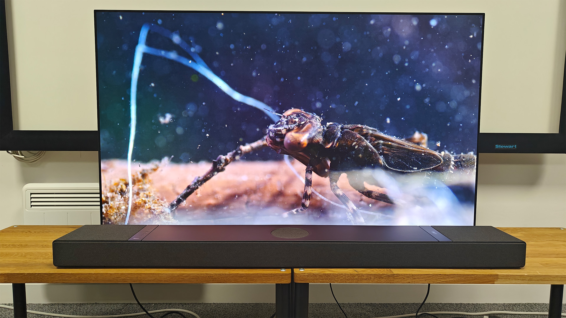 KEF XIO soundbar on wooden AV benches in front of TV showing bees on screen